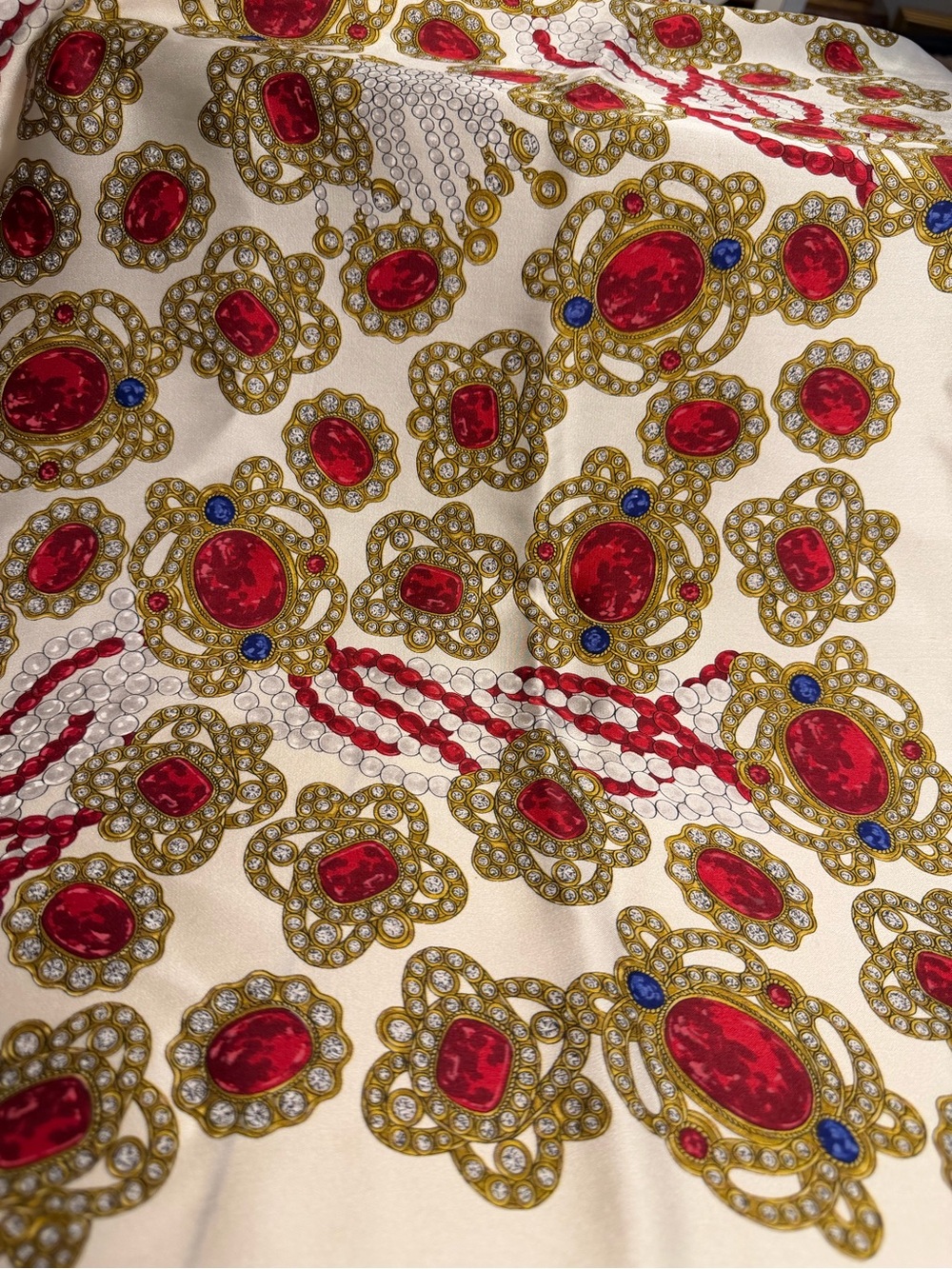 CHANEL Cream Silk Scarf with Red, Gold and Blue Jewel Motif - Picture 3 of 10